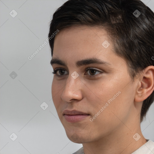 Neutral white young-adult female with short  brown hair and brown eyes