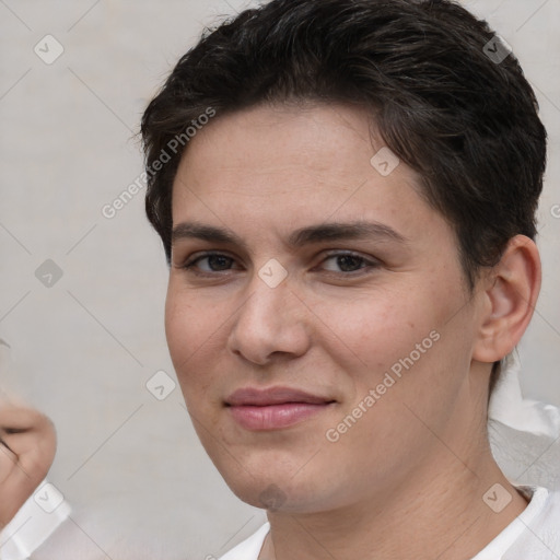 Joyful white young-adult female with short  brown hair and brown eyes