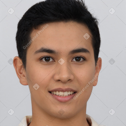 Joyful latino young-adult male with short  brown hair and brown eyes