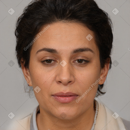 Joyful white adult female with short  brown hair and brown eyes