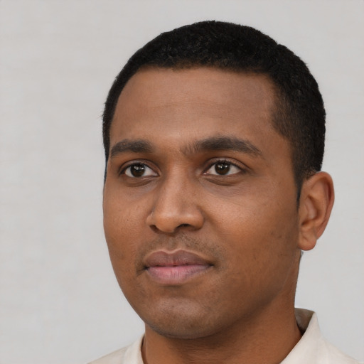 Neutral black young-adult male with short  black hair and brown eyes