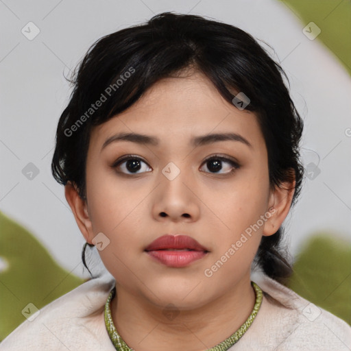 Neutral asian young-adult female with medium  black hair and brown eyes