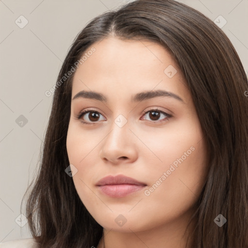 Neutral white young-adult female with long  brown hair and brown eyes