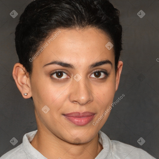 Joyful white young-adult female with short  brown hair and brown eyes