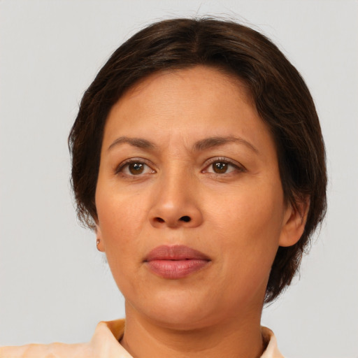 Joyful white adult female with medium  brown hair and brown eyes