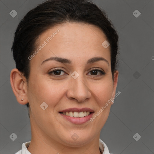 Joyful white young-adult female with short  brown hair and brown eyes