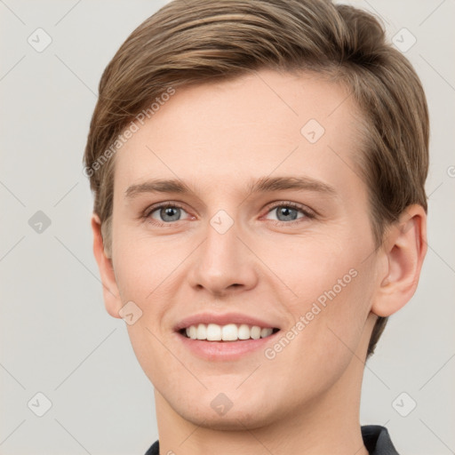 Joyful white young-adult female with short  brown hair and grey eyes