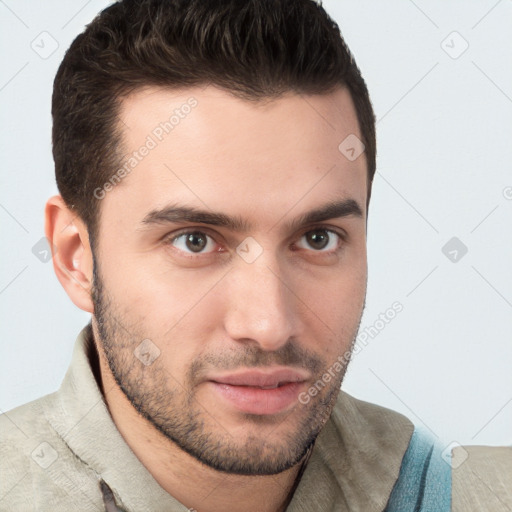 Neutral white young-adult male with short  brown hair and brown eyes