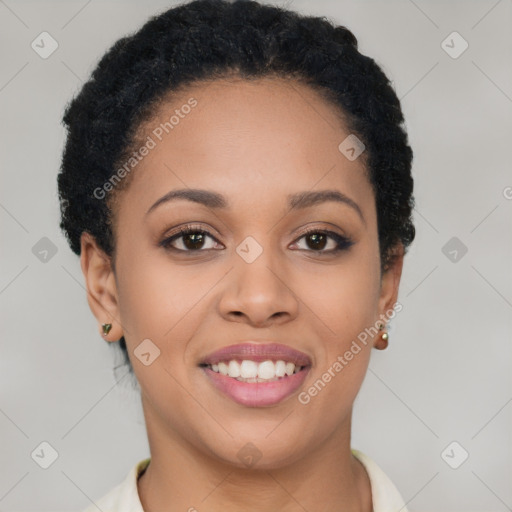 Joyful latino young-adult female with short  brown hair and brown eyes