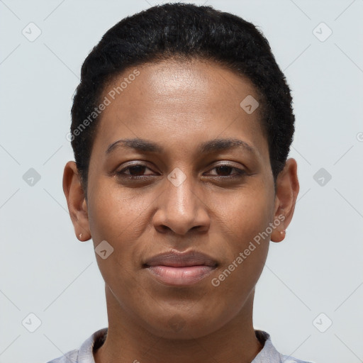 Joyful latino young-adult female with short  black hair and brown eyes