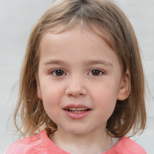 Joyful white child female with medium  brown hair and grey eyes