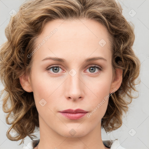 Neutral white young-adult female with medium  brown hair and blue eyes