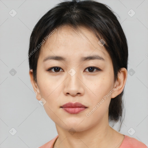 Neutral asian young-adult female with medium  brown hair and brown eyes