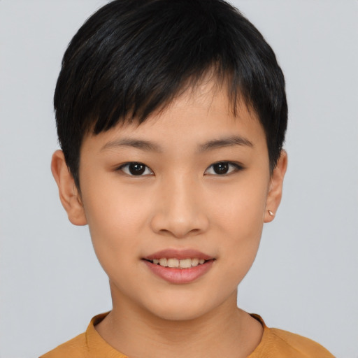 Joyful asian young-adult female with short  black hair and brown eyes