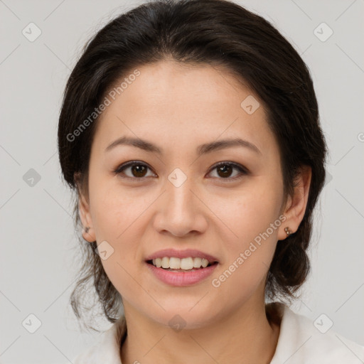 Joyful white young-adult female with medium  brown hair and brown eyes