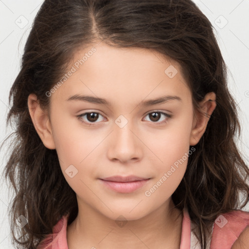 Joyful white child female with long  brown hair and brown eyes