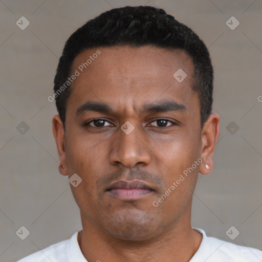 Neutral latino young-adult male with short  black hair and brown eyes