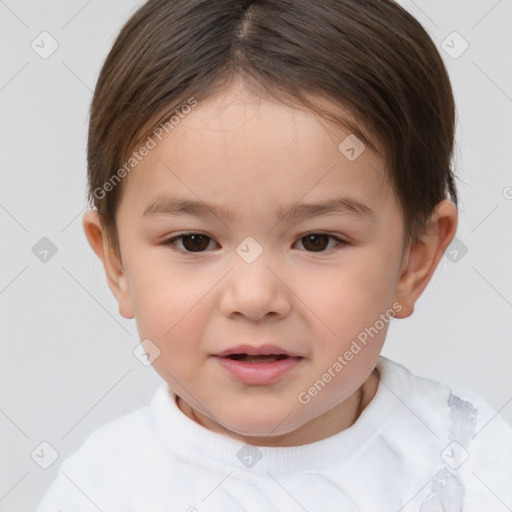 Joyful white child female with short  brown hair and brown eyes