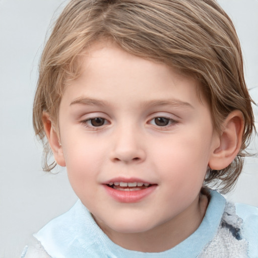 Joyful white child female with medium  brown hair and grey eyes