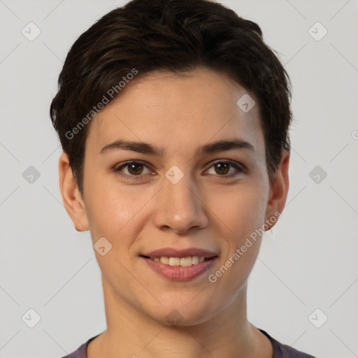 Joyful white young-adult female with short  brown hair and brown eyes