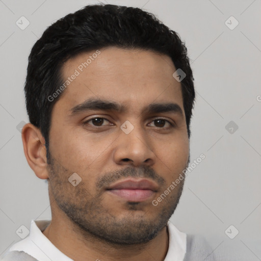 Neutral latino young-adult male with short  black hair and brown eyes