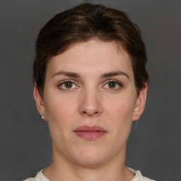 Neutral white young-adult female with short  brown hair and brown eyes