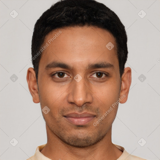 Neutral latino young-adult male with short  black hair and brown eyes