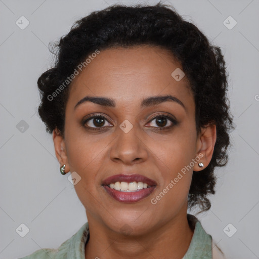 Joyful latino young-adult female with short  brown hair and brown eyes