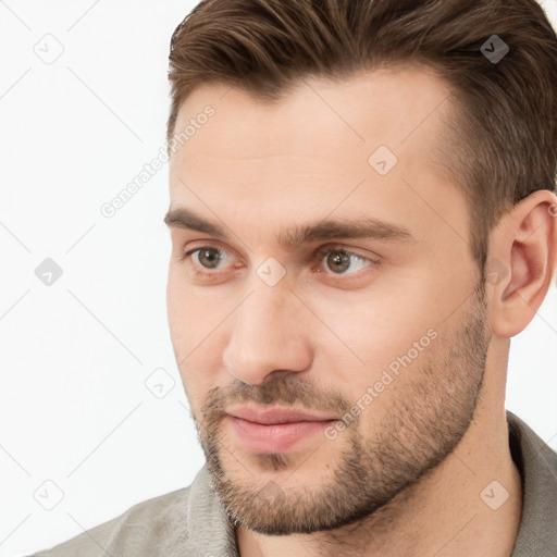 Neutral white young-adult male with short  brown hair and brown eyes