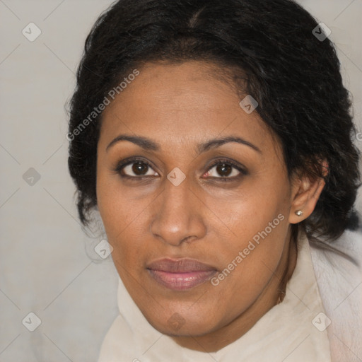 Joyful black adult female with short  brown hair and brown eyes