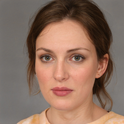 Neutral white young-adult female with medium  brown hair and brown eyes