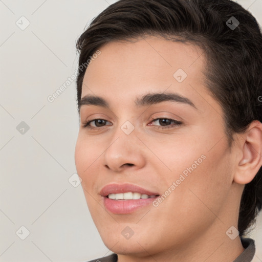 Joyful white young-adult female with short  brown hair and brown eyes