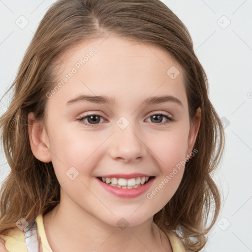 Joyful white child female with medium  brown hair and brown eyes