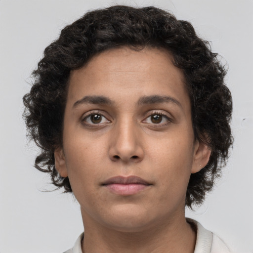 Neutral latino young-adult female with short  brown hair and brown eyes