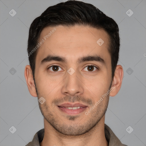 Joyful white young-adult male with short  brown hair and brown eyes