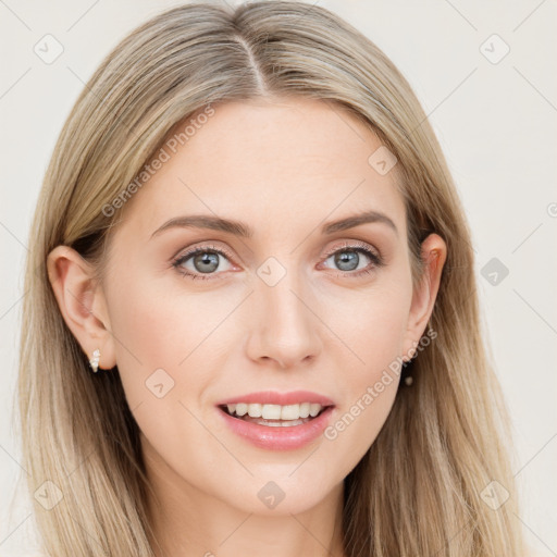 Joyful white young-adult female with long  brown hair and blue eyes