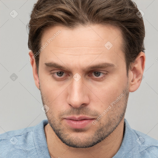 Neutral white young-adult male with short  brown hair and brown eyes