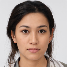 Neutral asian young-adult female with medium  brown hair and brown eyes