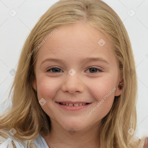 Joyful white child female with medium  brown hair and brown eyes