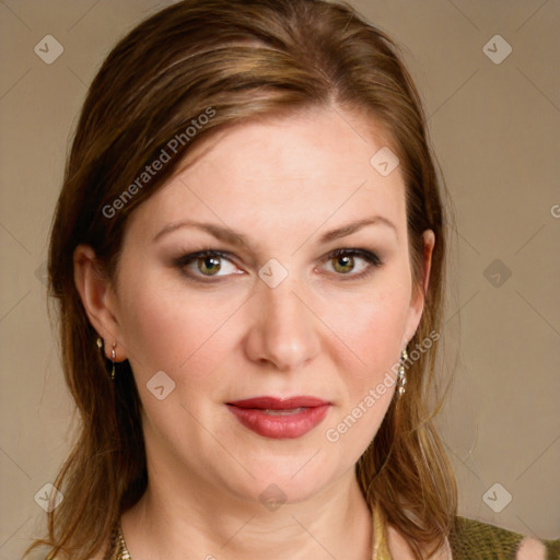 Joyful white young-adult female with medium  brown hair and blue eyes