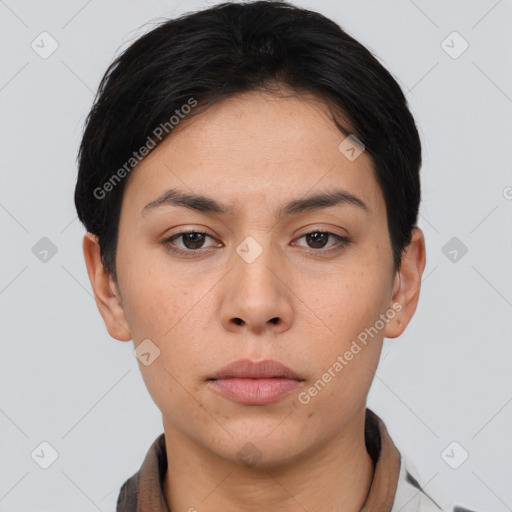 Neutral asian young-adult female with short  black hair and brown eyes