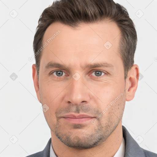 Neutral white adult male with short  brown hair and brown eyes