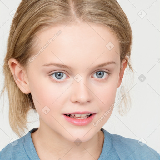 Joyful white child female with medium  brown hair and blue eyes