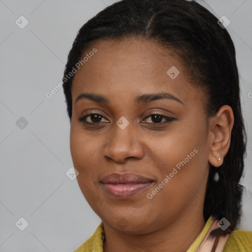 Joyful latino young-adult female with long  brown hair and brown eyes