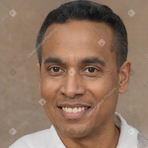 Joyful latino adult male with short  black hair and brown eyes