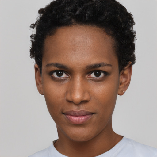 Neutral black young-adult female with short  black hair and brown eyes