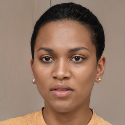 Neutral black young-adult female with short  black hair and brown eyes