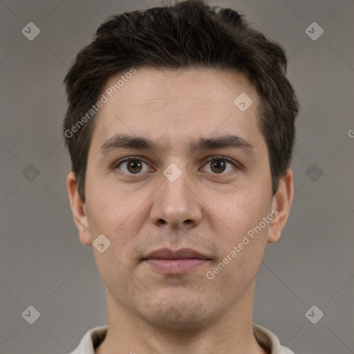 Neutral white young-adult male with short  brown hair and brown eyes