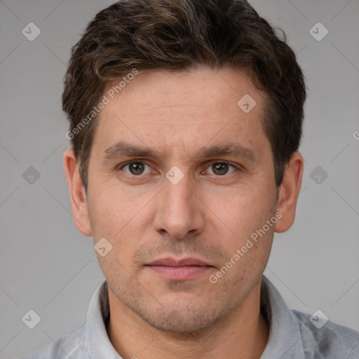 Neutral white adult male with short  brown hair and brown eyes