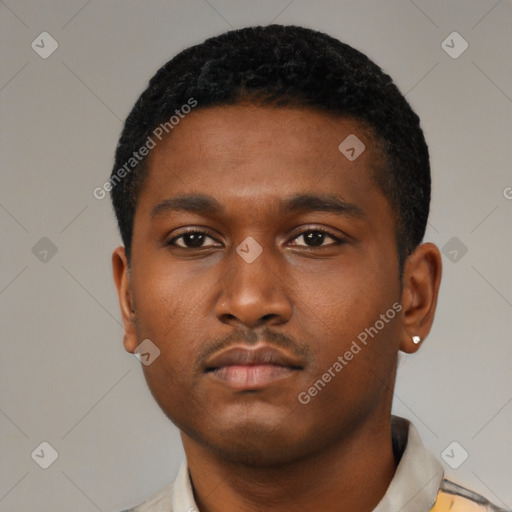 Neutral black young-adult male with short  black hair and brown eyes